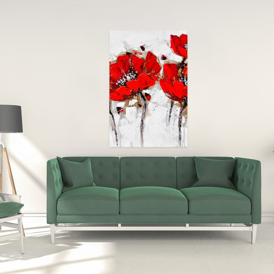 White Floral Bedroom Canvas - Red Poppies with Texture Decor