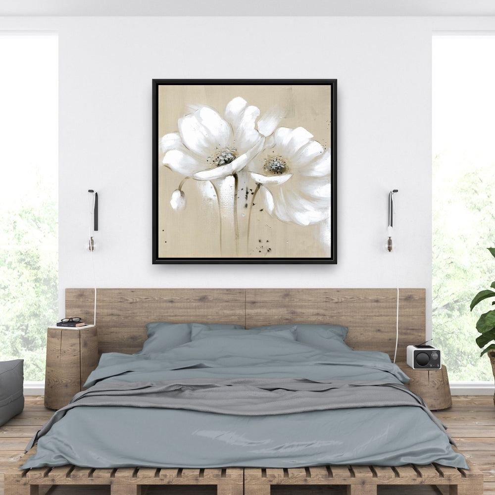 White Abstract Wild Flowers - Framed Canvas for Bedroom Decor