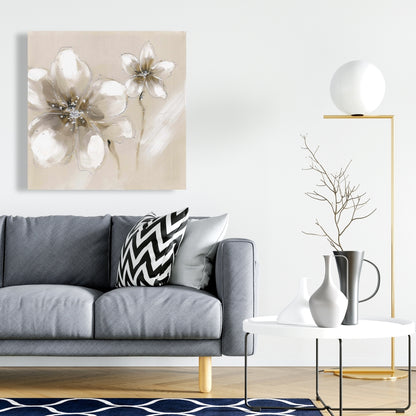 Botanical Silver Canvas - Two Cream Flowers | Home Decor Art