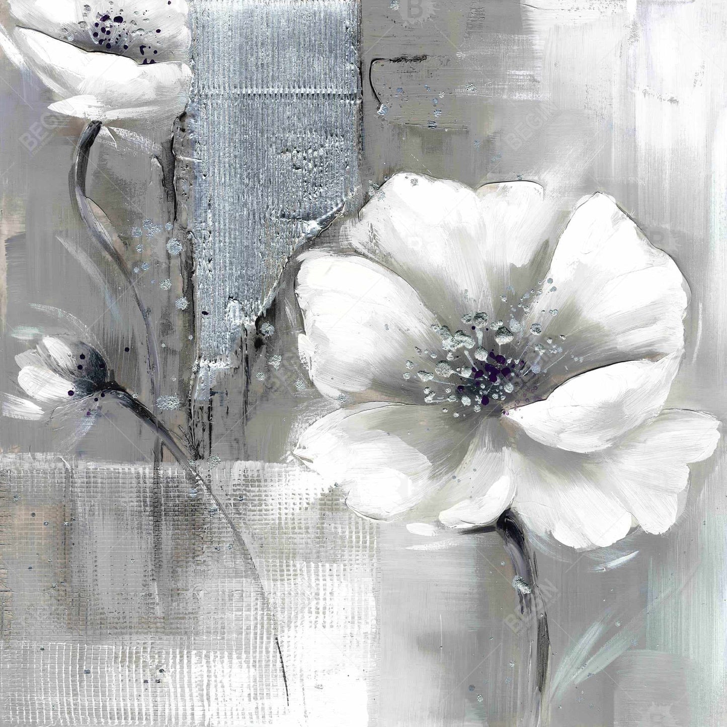 Monochrome Silver Flowers Canvas - Botanical Industrial Decor