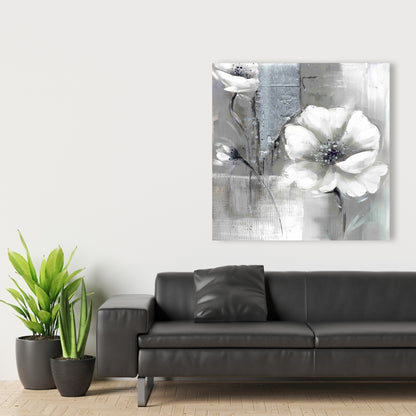 Monochrome Silver Flowers Canvas - Botanical Industrial Decor