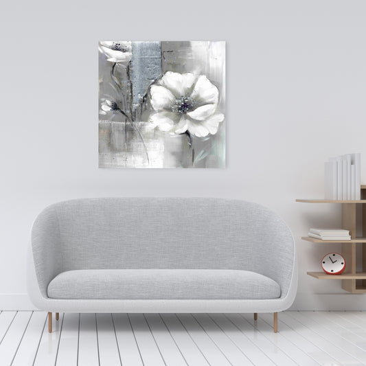 Monochrome Silver Flowers Canvas - Botanical Industrial Decor