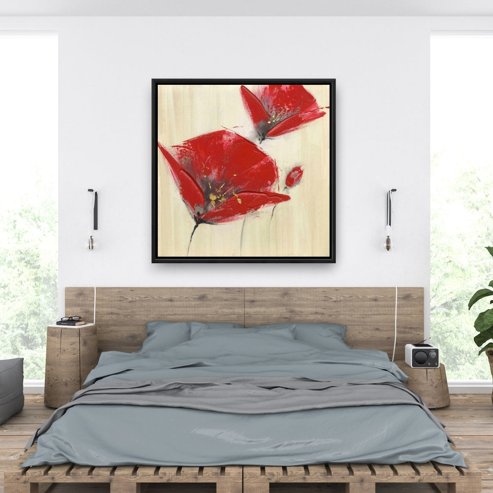 Toile texturée à trois fleurs rouges | Décoration florale et botanique pour la maison