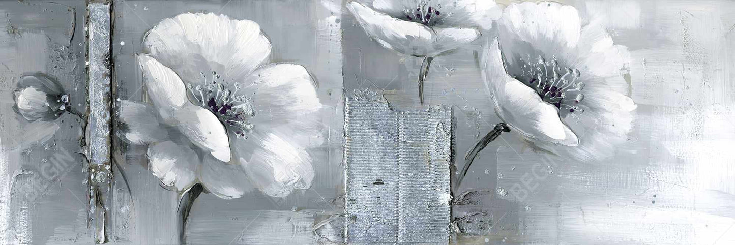 Toile botanique à fleurs grises et blanches | Cadre blanc pour décoration d'intérieur