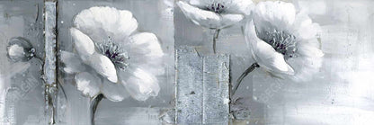 Toile botanique à fleurs grises et blanches | Cadre blanc pour décoration d'intérieur