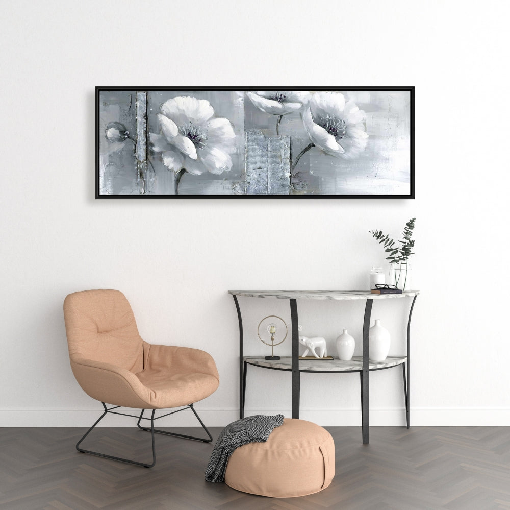 Toile botanique à fleurs grises et blanches | Cadre blanc pour décoration d'intérieur