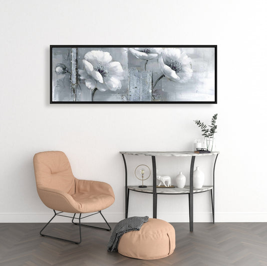 Toile botanique à fleurs grises et blanches | Cadre blanc pour décoration d'intérieur