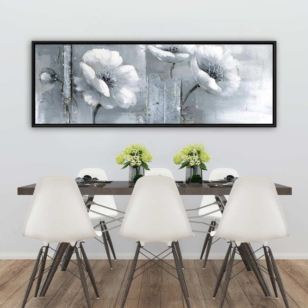 Toile botanique à fleurs grises et blanches | Cadre blanc pour décoration d'intérieur