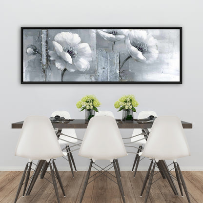 Toile botanique à fleurs grises et blanches | Cadre blanc pour décoration d'intérieur