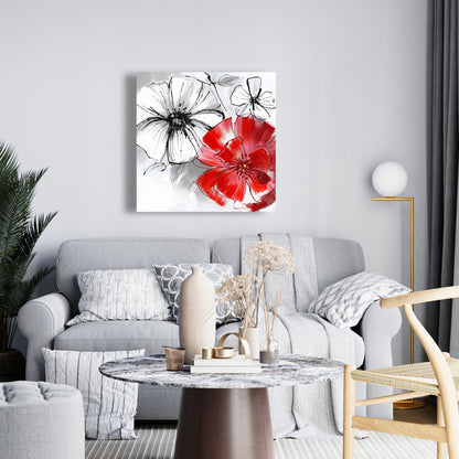 Red & White Flowers Sketch Canvas - Floral Botanical Wall Art