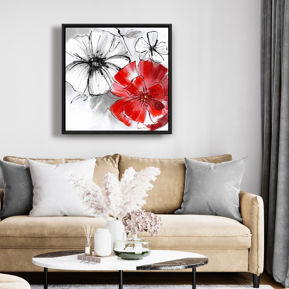 Botanical White Bedroom Canvas | Red & White Flowers Sketch Decor