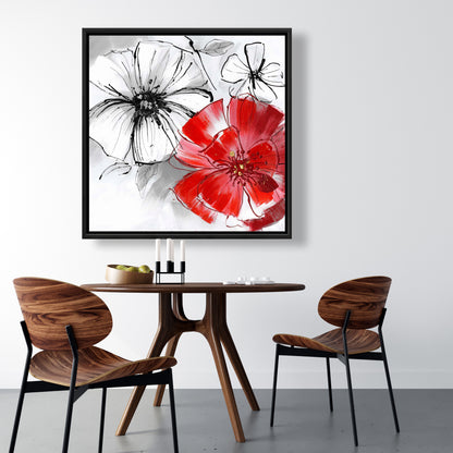 Botanical White Bedroom Canvas | Red & White Flowers Sketch Decor