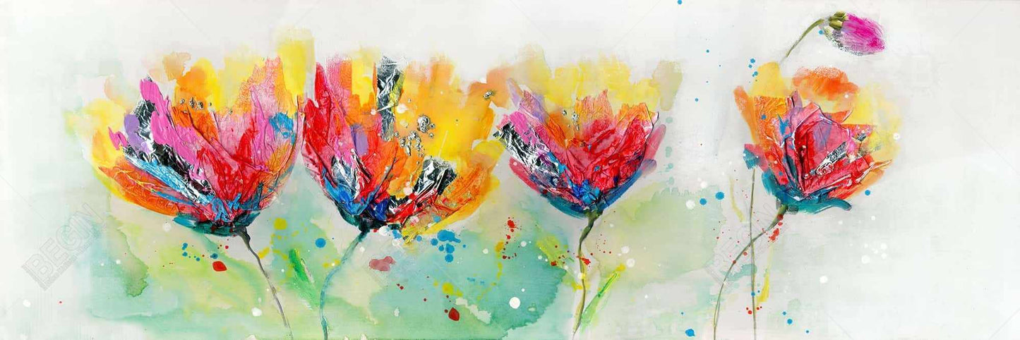 Four Colorful Flowers Canvas - Yellow Frame | Home Decor Art