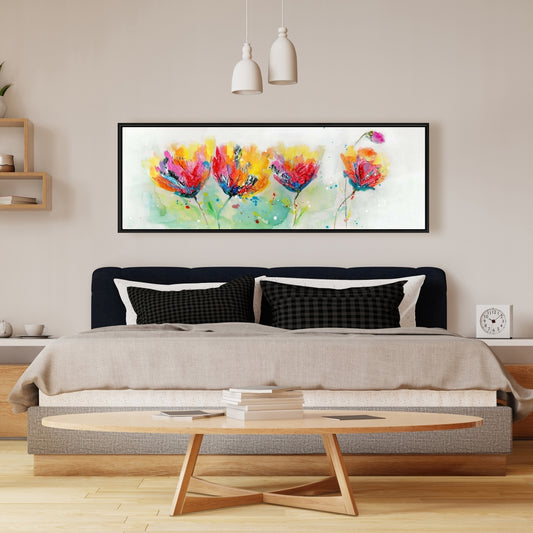 Toile « Quatre fleurs colorées » - Cadre jaune | Décoration d'intérieur