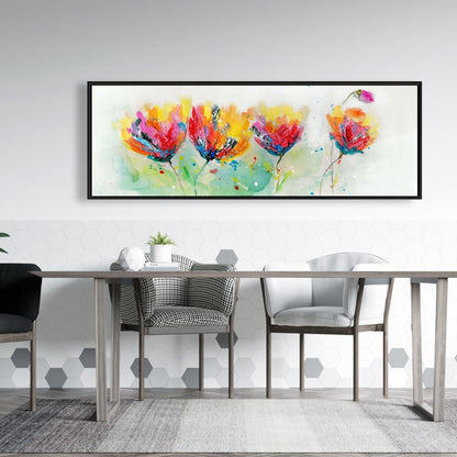 Four Colorful Flowers Canvas - Yellow Frame | Home Decor Art