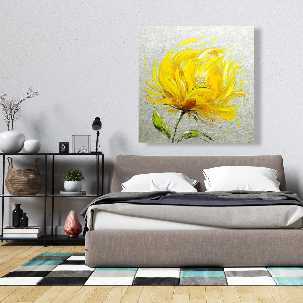 Yellow Fluffy Flower Botanical Gray Canvas | Contemporary Decor