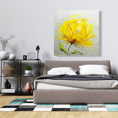 Yellow Fluffy Flower Botanical Gray Canvas | Contemporary Decor