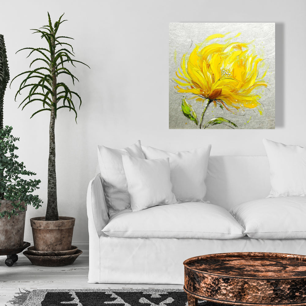 Yellow Fluffy Flower Botanical Gray Canvas | Contemporary Decor