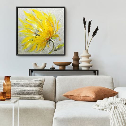 Toile à fleurs jaunes - Décoration murale botanique grise pour chambre à coucher