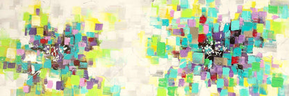 Toile encadrée verte à motifs carrés et fleurs abstraites | Décoration d'intérieur