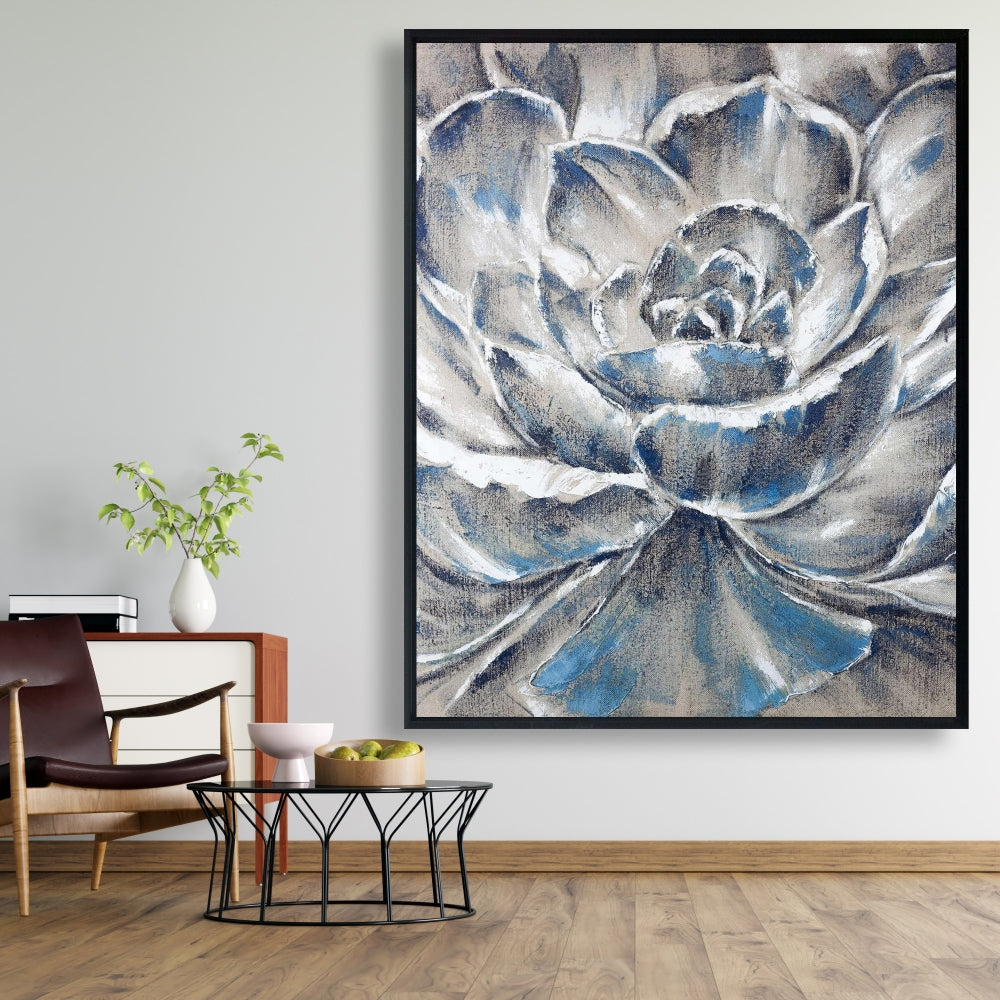 Toile encadrée à motif de fleurs botaniques bleues, grises et bleues, décoration d'intérieur