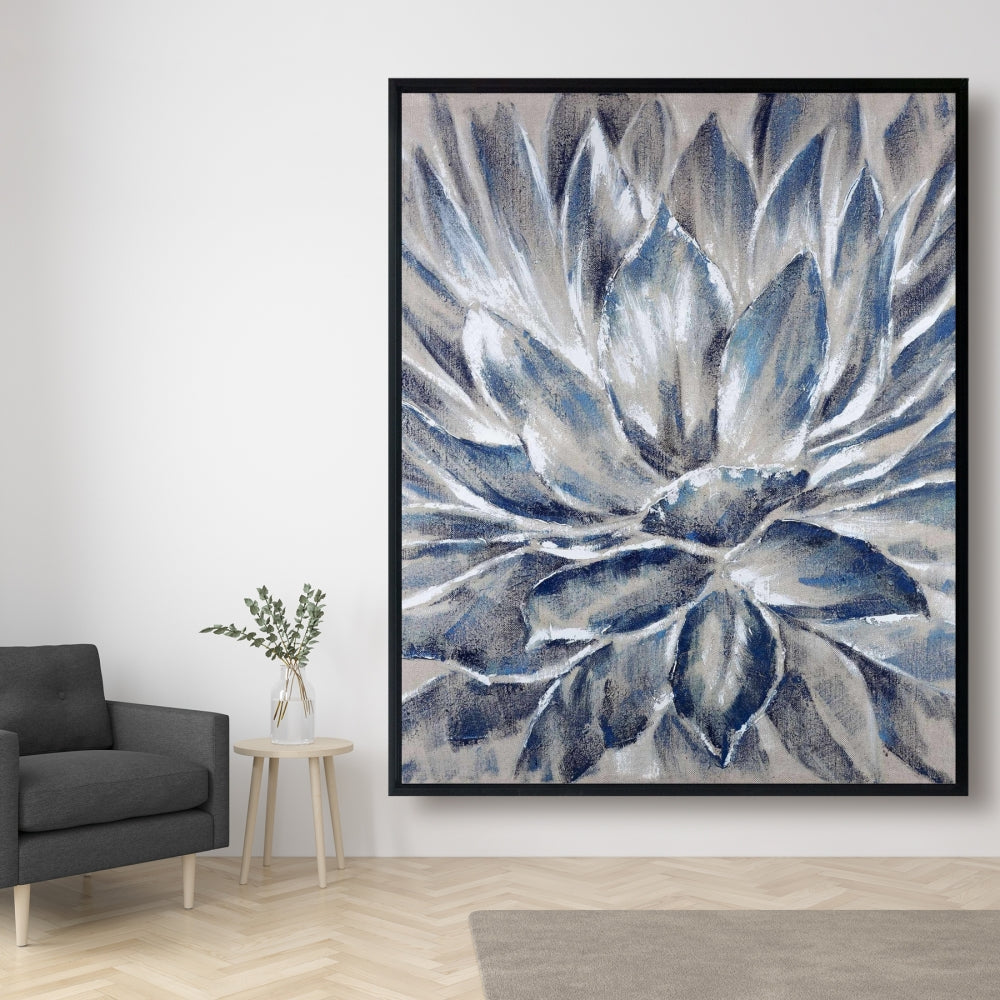 Toile encadrée à fleurs bleues et grises | Décoration botanique pour chambre