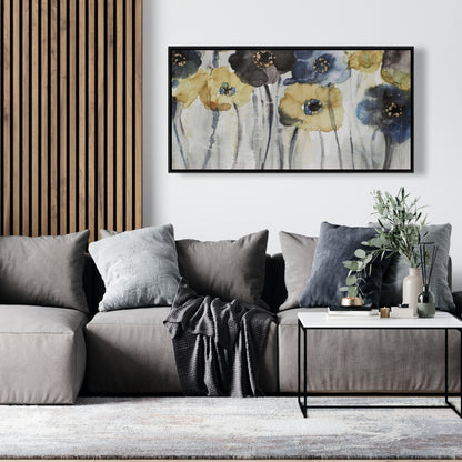 Fleurs grises, bleues et jaunes | Toile encadrée botanique