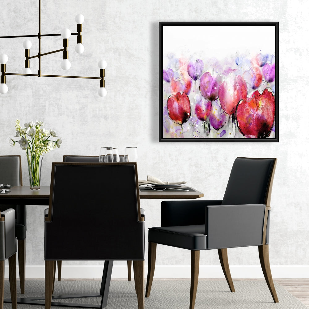 Pink Tulips Field Botanical Framed Canvas | Home Decor Art