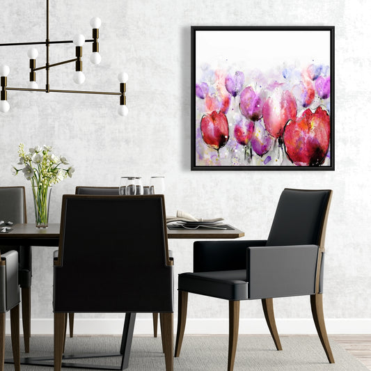 Pink Tulips Field Botanical Framed Canvas | Home Decor Art