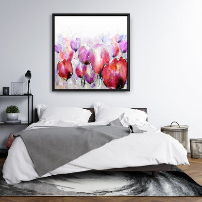 Pink Tulips Field Botanical Framed Canvas | Home Decor Art