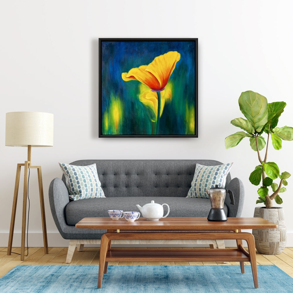 Superbe toile encadrée bleue à fleurs contrastées - Décoration de chambre