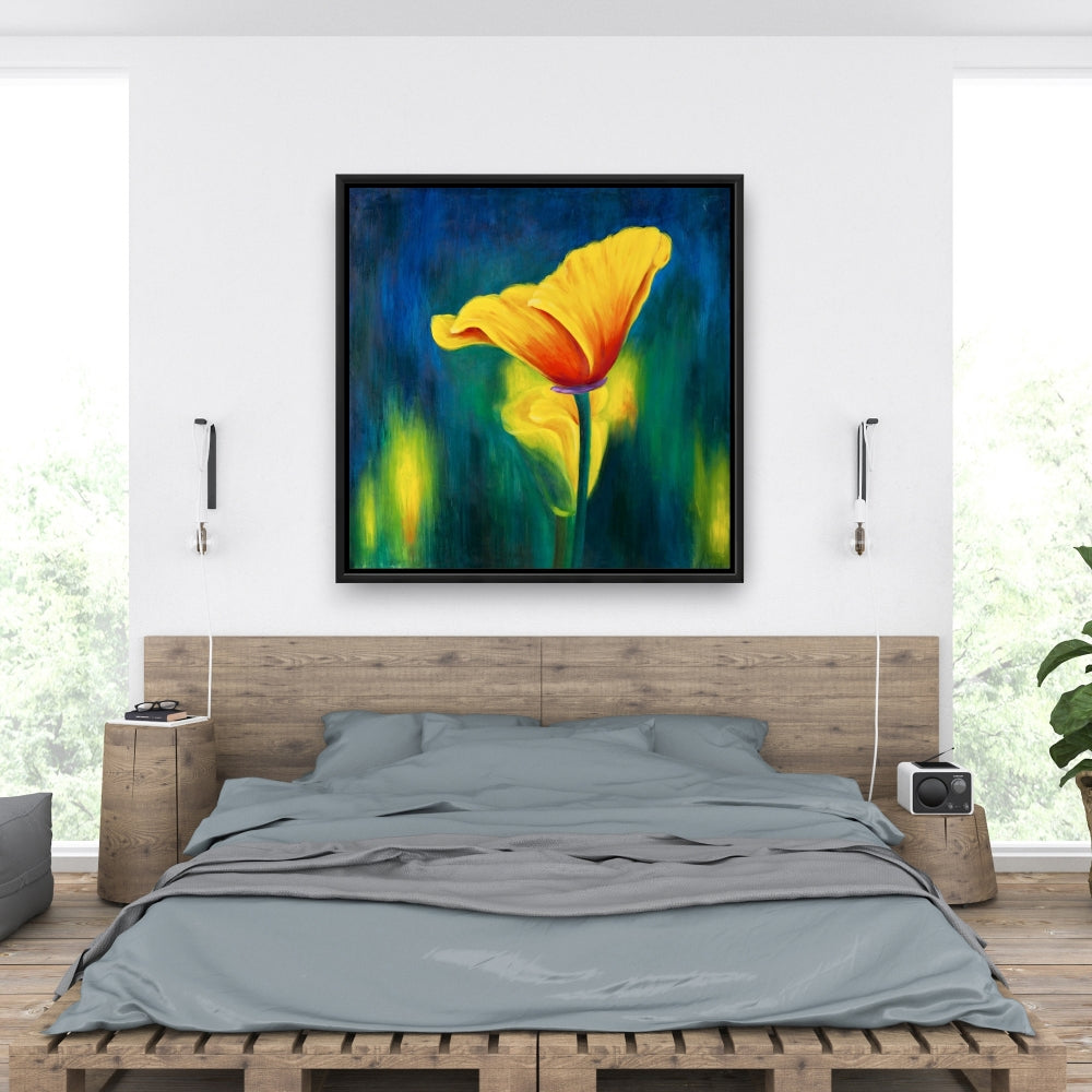 Superbe toile encadrée bleue à fleurs contrastées - Décoration de chambre