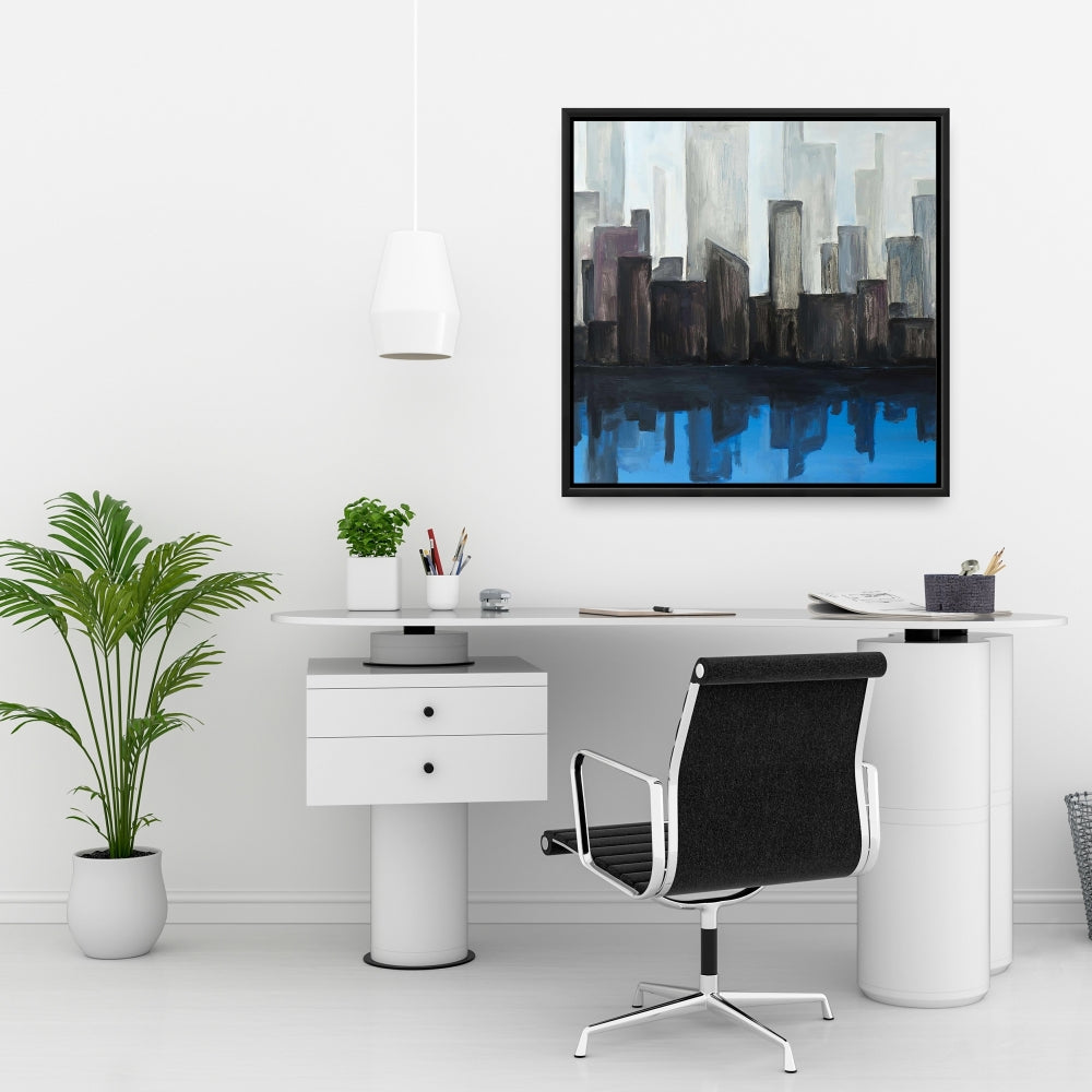 Toile « Vue sur la ville bleue » | Décoration murale contemporaine encadrée