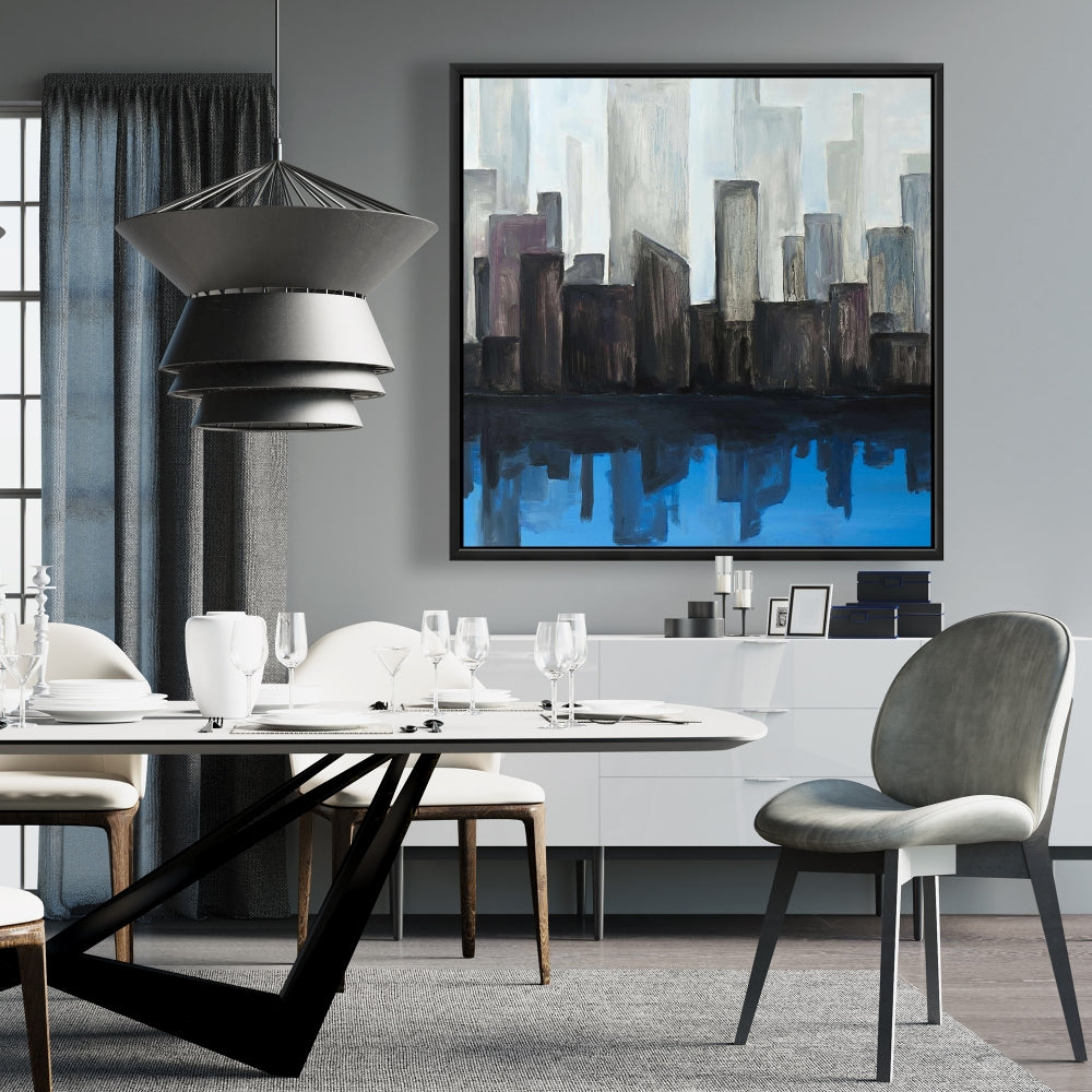 Toile « Vue sur la ville bleue » | Décoration murale contemporaine encadrée
