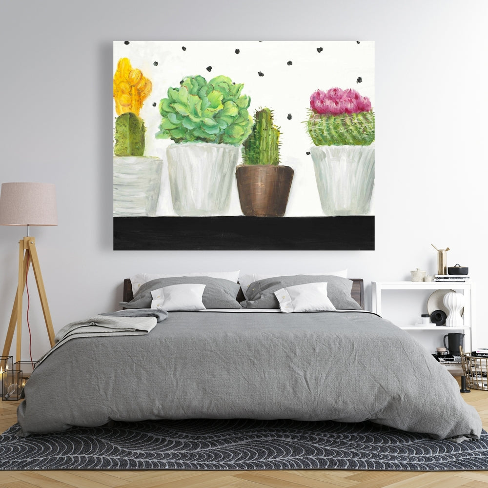 Toile Mini Cactus et Succulentes | Décor botanique blanc