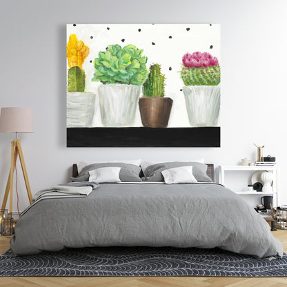 Toile Mini Cactus et Succulentes | Décor botanique blanc