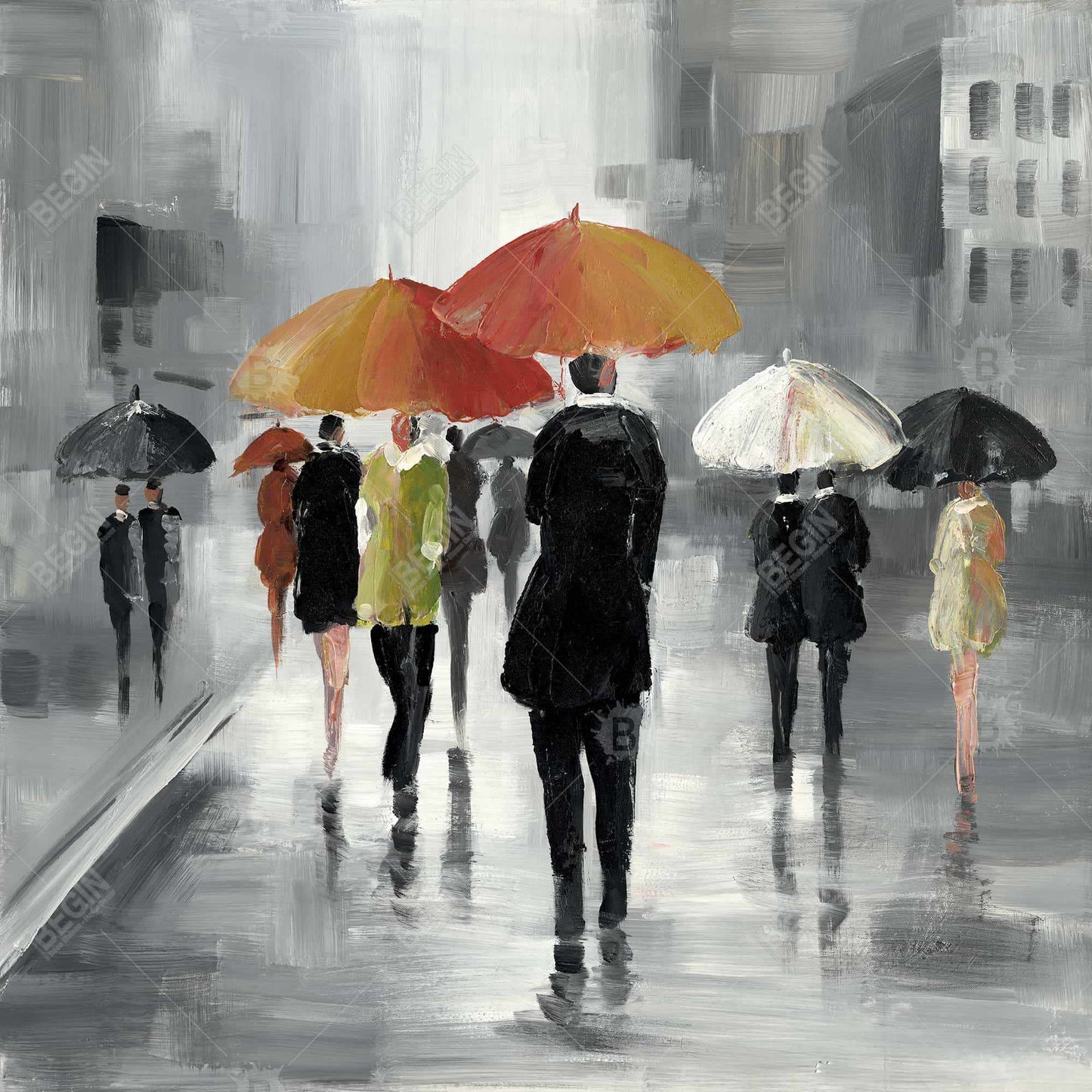 Toile encadrée grise – Scène de rue avec parapluies, décoration d'intérieur