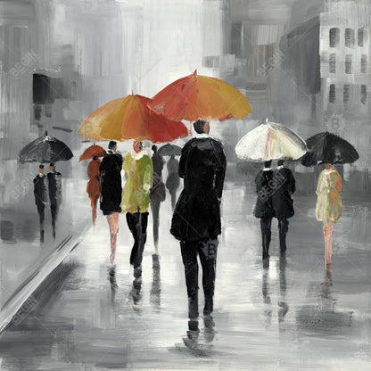 Toile encadrée grise – Scène de rue avec parapluies, décoration d'intérieur