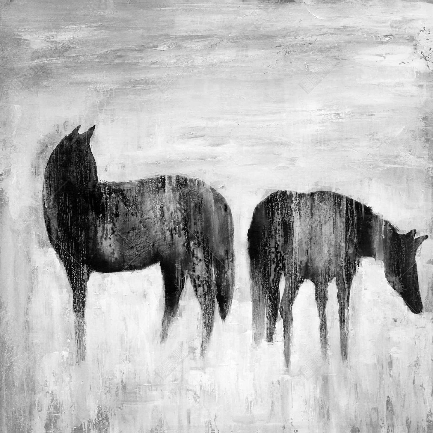 Horses Silhouettes in Mist - White Abstract Canvas Home Decor