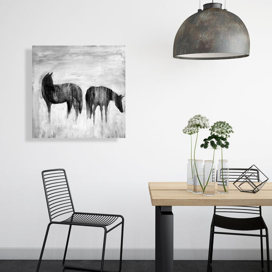 Horses Silhouettes in Mist - White Abstract Canvas Home Decor