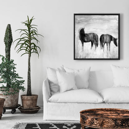 Horses Silhouettes in the Mist | Abstract Horse Canvas Decor