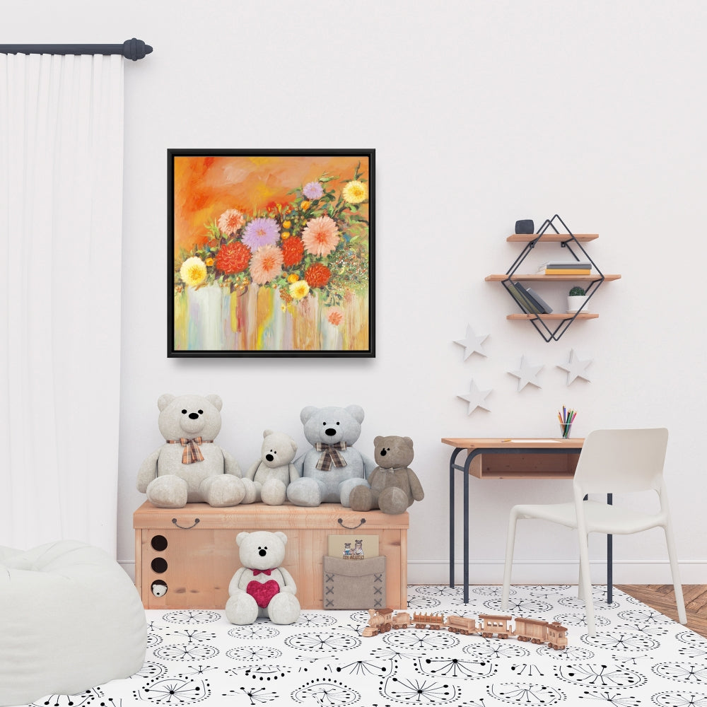 Fleurs abstraites colorées | Toile encadrée orange pour décoration d'intérieur