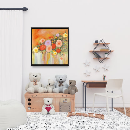 Fleurs abstraites colorées | Toile encadrée orange pour décoration d'intérieur