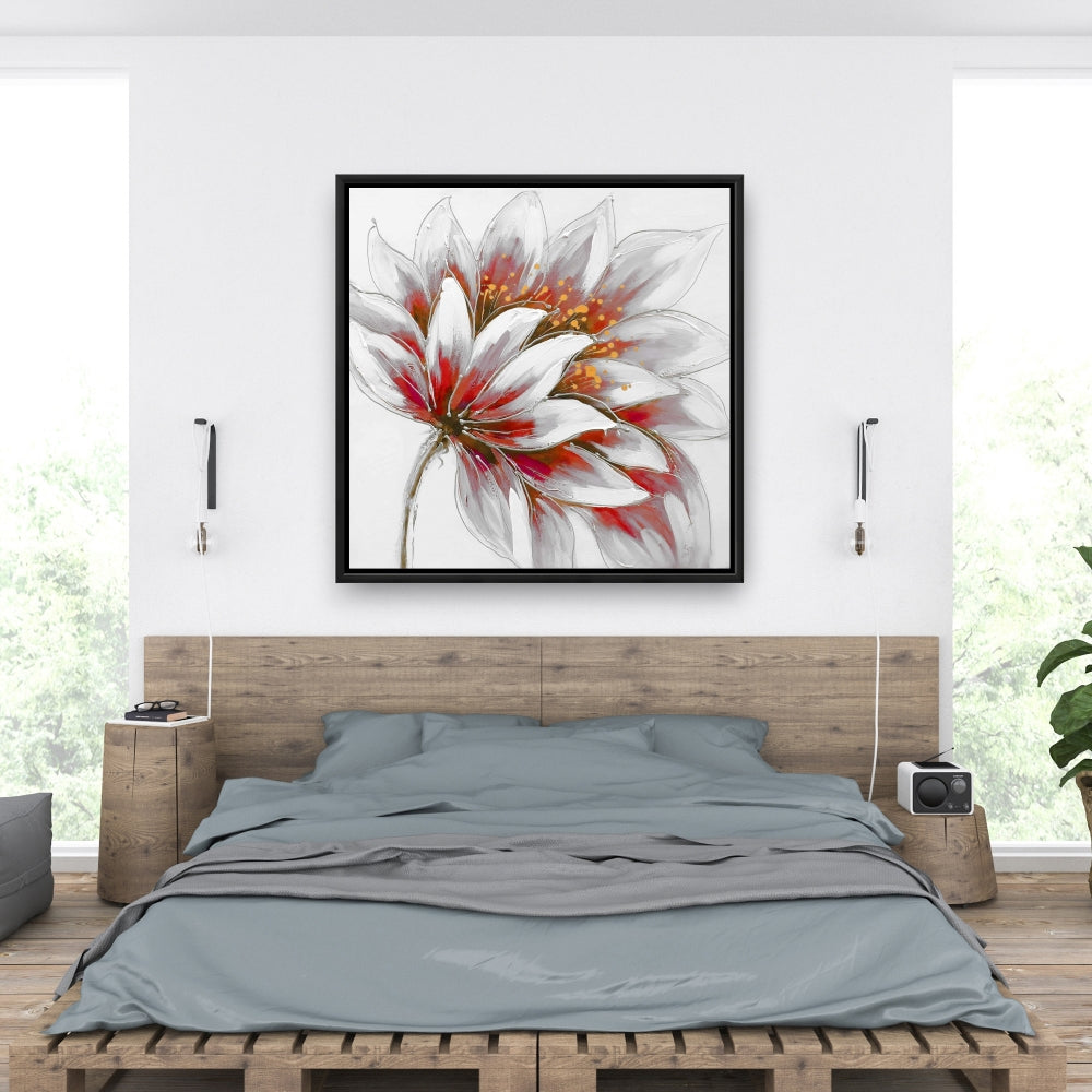 Red Flower Gold Center Canvas | Botanical Bedroom Decor