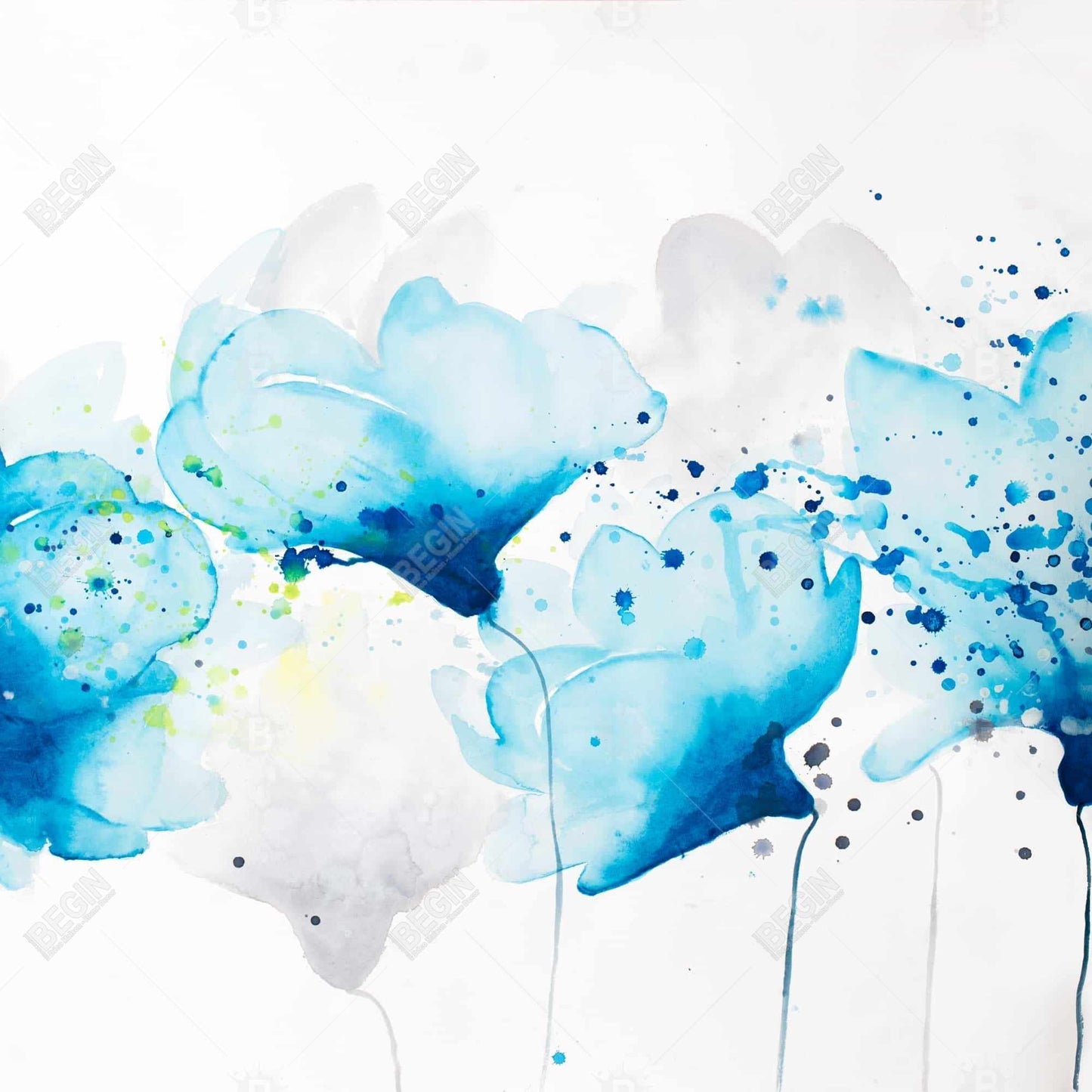 Watercolor Paint Splash Flowers | Blue Framed Canvas Decor