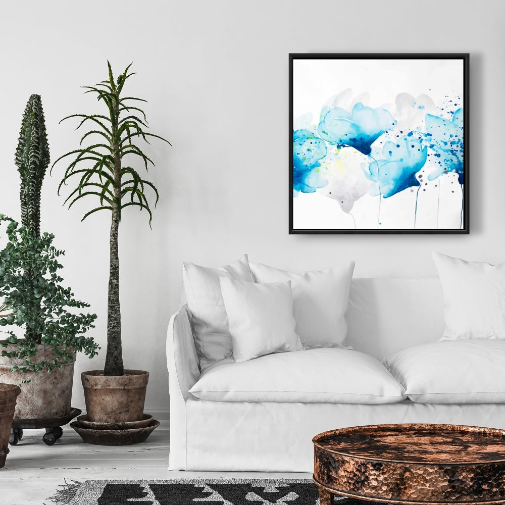 Watercolor Paint Splash Flowers | Blue Framed Canvas Decor