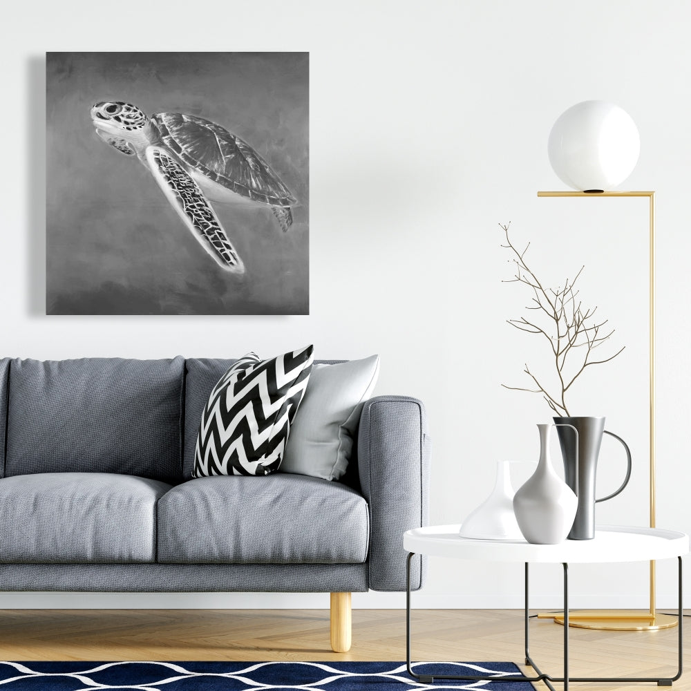 Grayscale Sea Turtle Canvas | Exotic Aquatic Home Decor