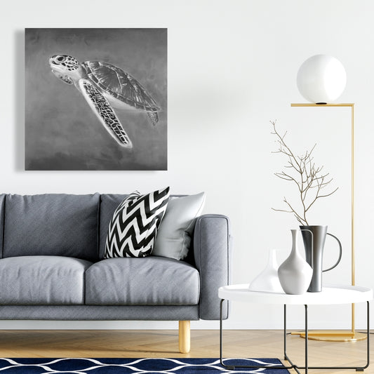 Grayscale Sea Turtle Canvas | Exotic Aquatic Home Decor