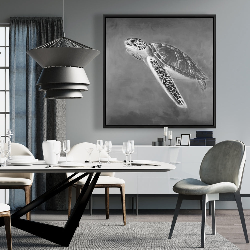 Grayscale Sea Turtle Canvas | White Aquatic Decor Framed Art