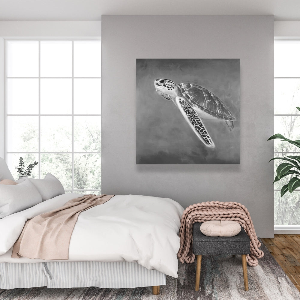 Grayscale Sea Turtle Canvas | Exotic Aquatic Home Decor